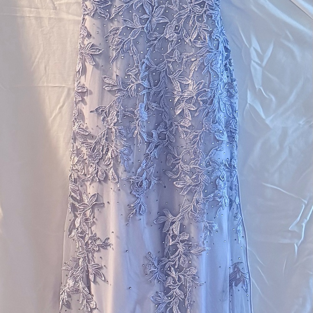 Faviana Periwinkle Lace Appliqué V-Neck Prom Dress - Picture 5 of 5